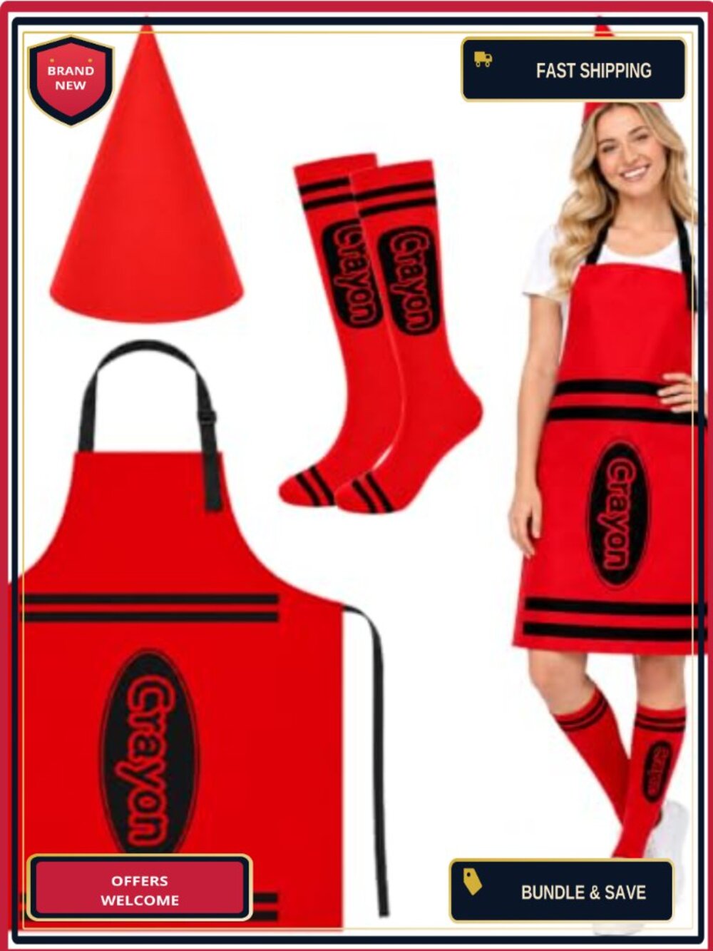 Crayon Costume Set 3 Pc Apron Cone Hat Socks Adult Unisex Halloween Party